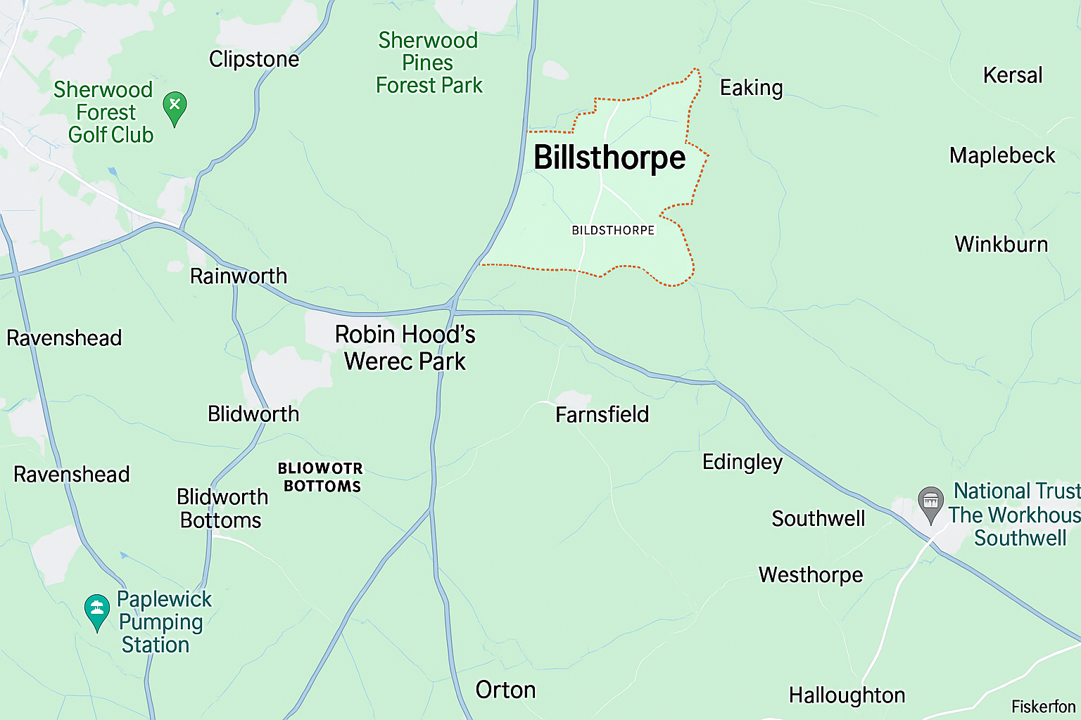 Map showing Bilsthorpe and the local area covered by DCL Driving School